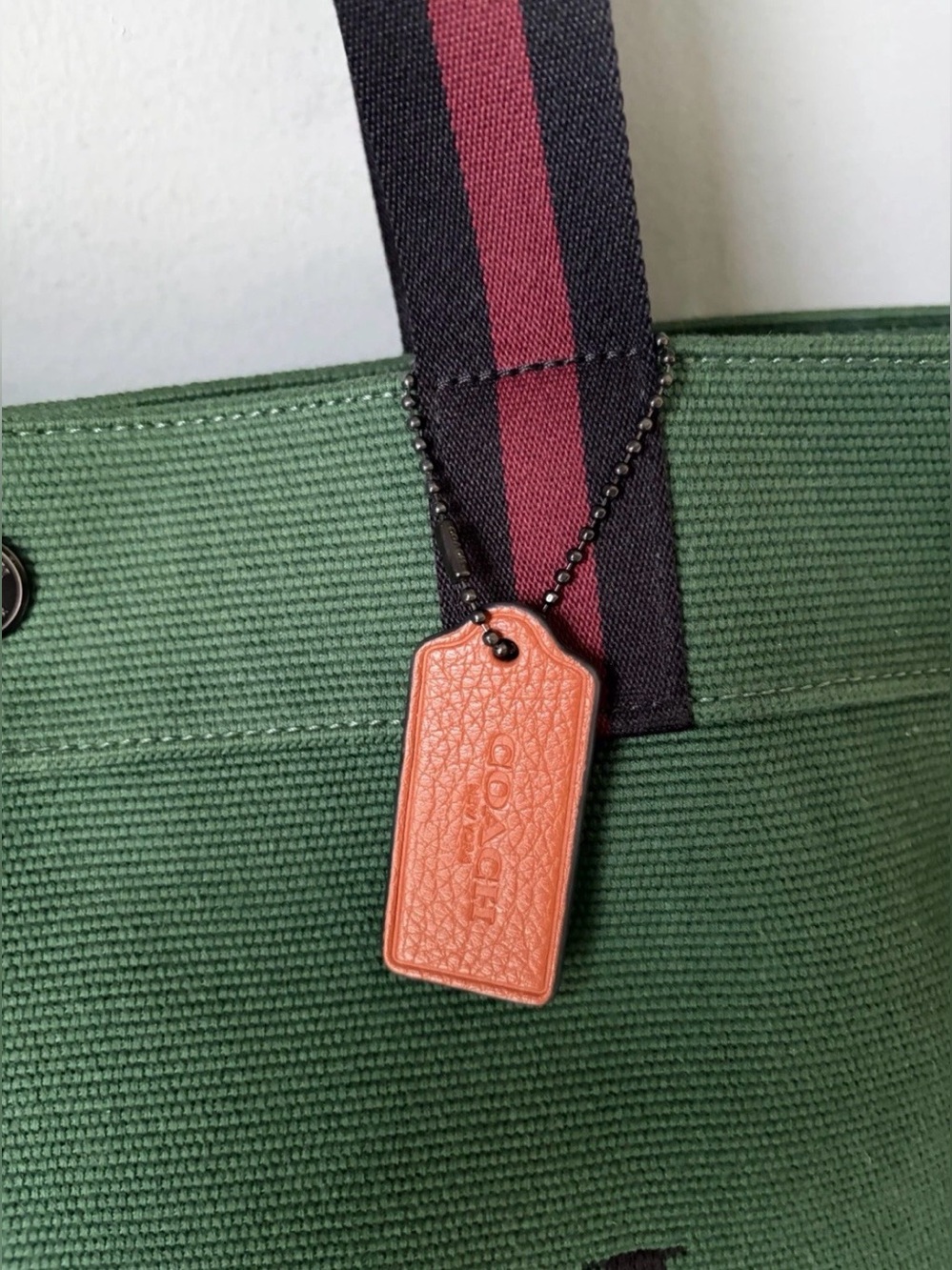 COACH Tote Bag 38 in Colorblock Forest Green Canvas/ Brown Leather/ Navy Stripes - Picture 6 of 16